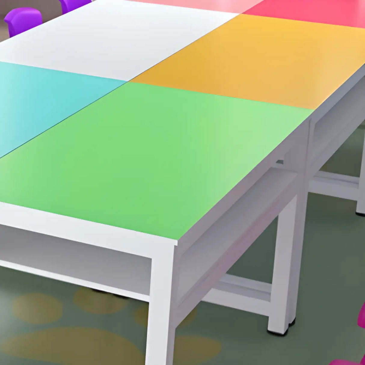 Wood Rectangular Metal Base Kids Desk for Multi-Person Image - 6