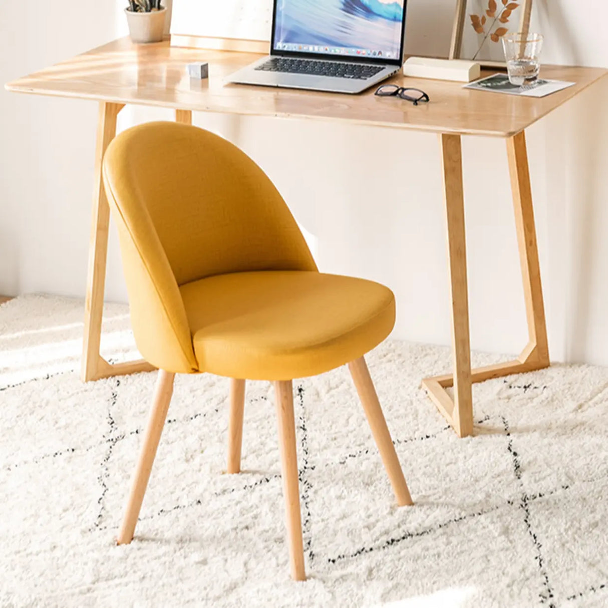 Wood Round Upholstered Armless Dining Chair Yellow Image - 1