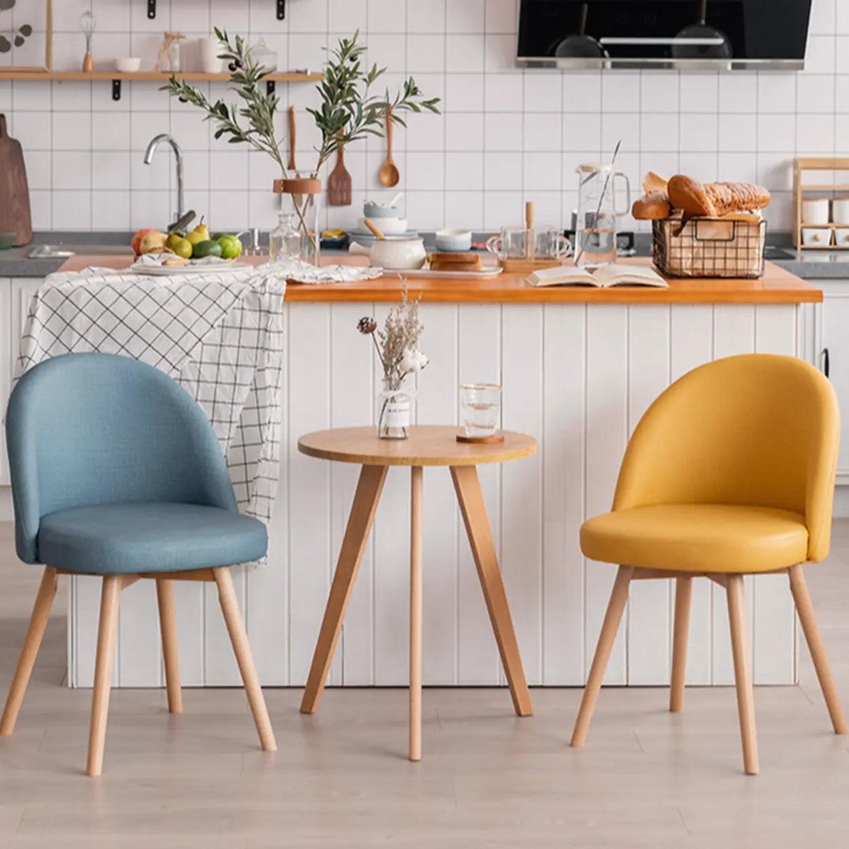 Wood Round Upholstered Armless Dining Chair Yellow Image - 4