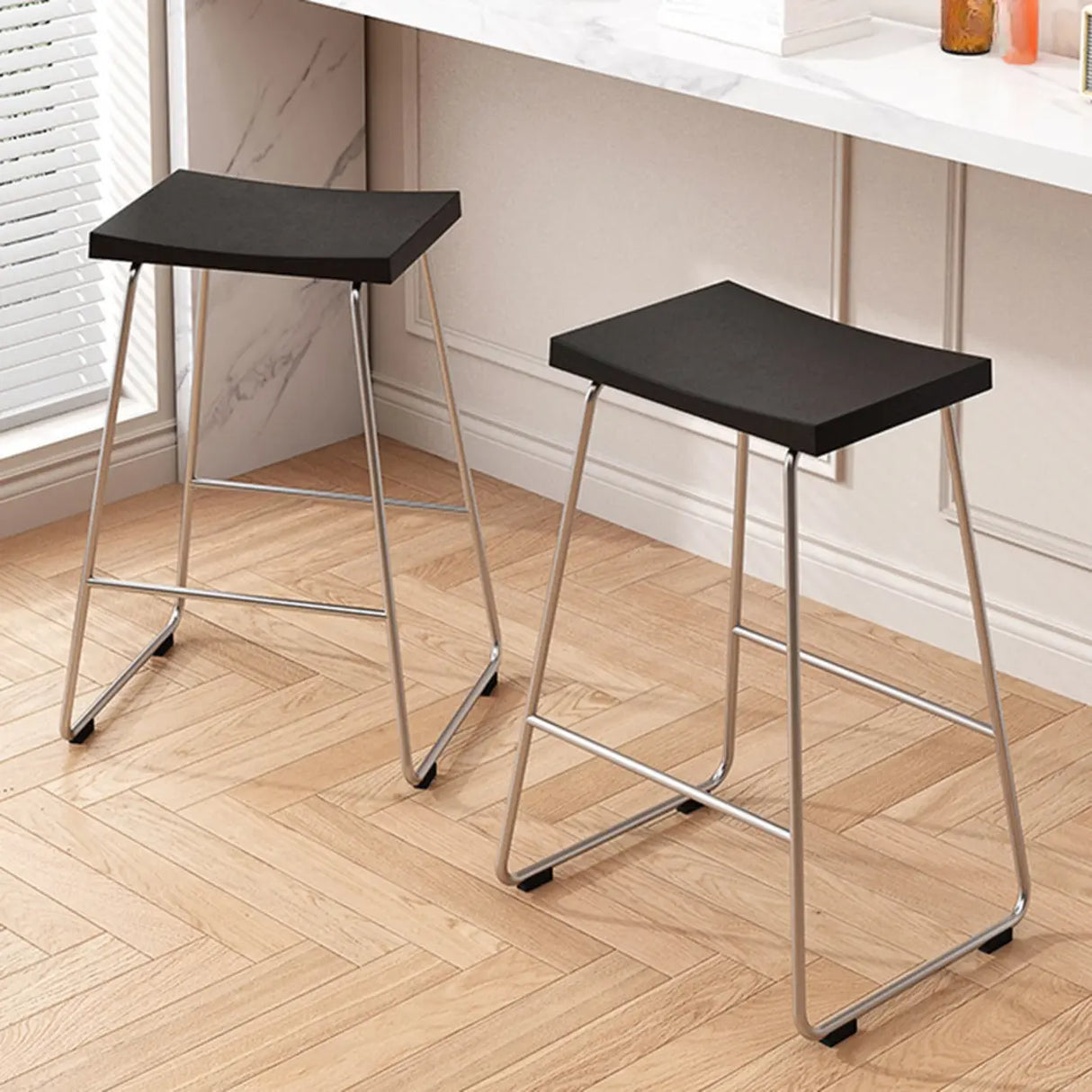 Wood Saddle Metal Sled Base Bar Stool with Footrest Image - 15