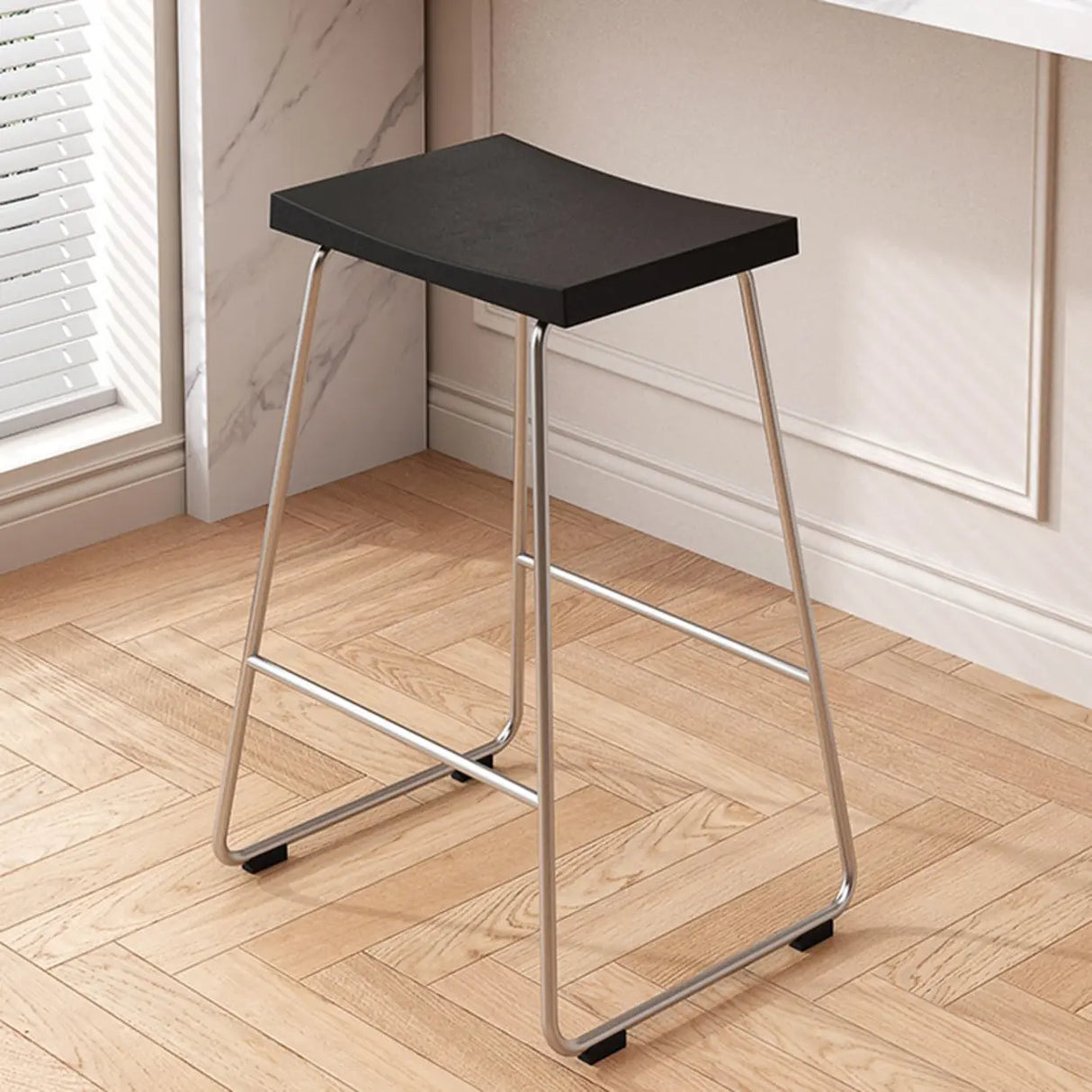 Wood Saddle Metal Sled Base Bar Stool with Footrest Image - 8