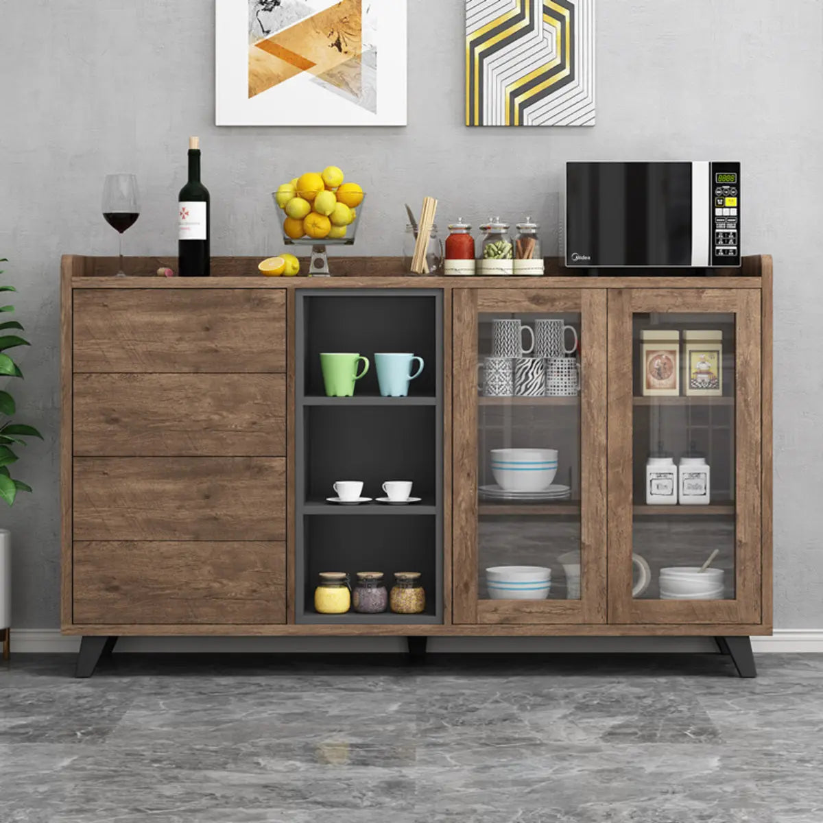 Wood Slab Cabinet Brown Shelves Large Open Storage Buffet Image - 1