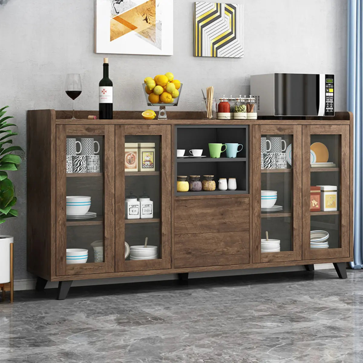 Wood Slab Cabinet Brown Shelves Large Open Storage Buffet Image - 11