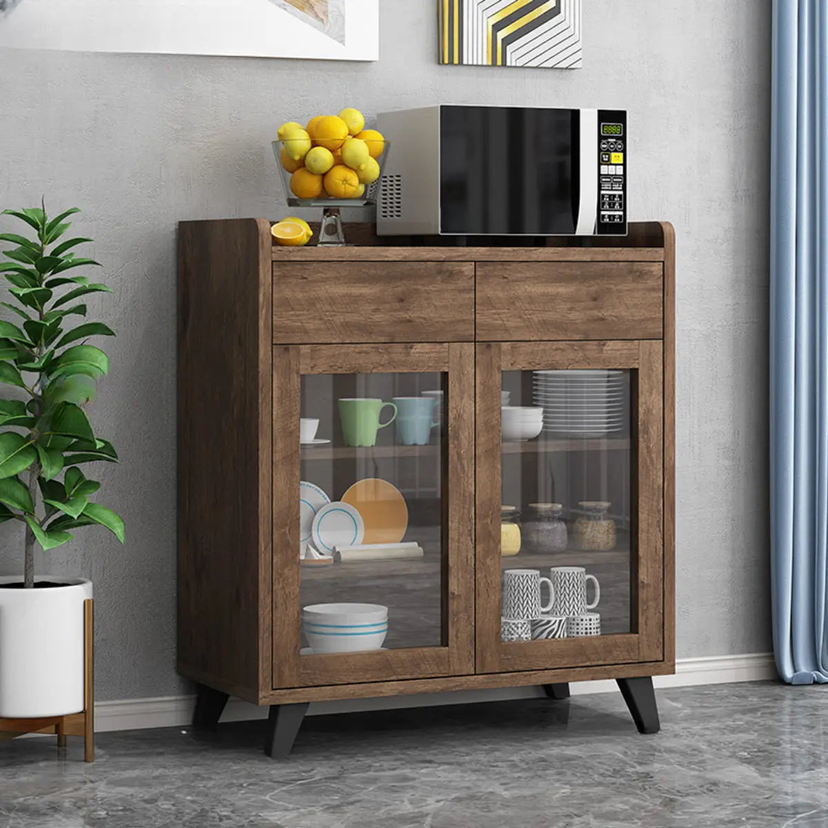 Wood Slab Cabinet Brown Shelves Large Open Storage Buffet Image - 14