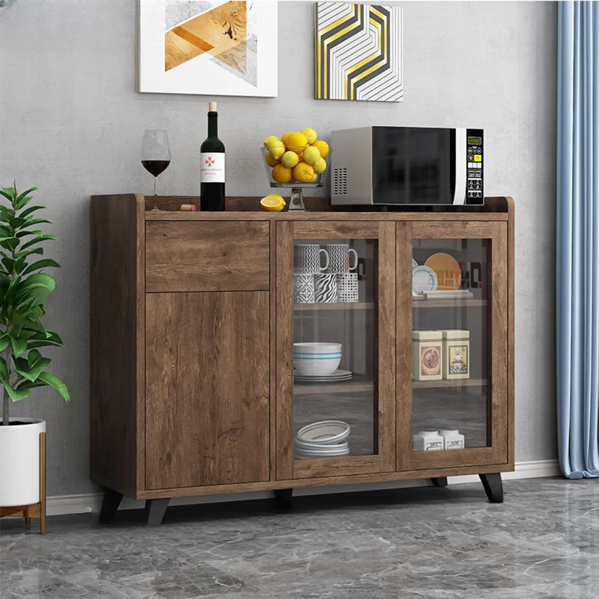 Wood Slab Cabinet Brown Shelves Large Open Storage Buffet Image - 15