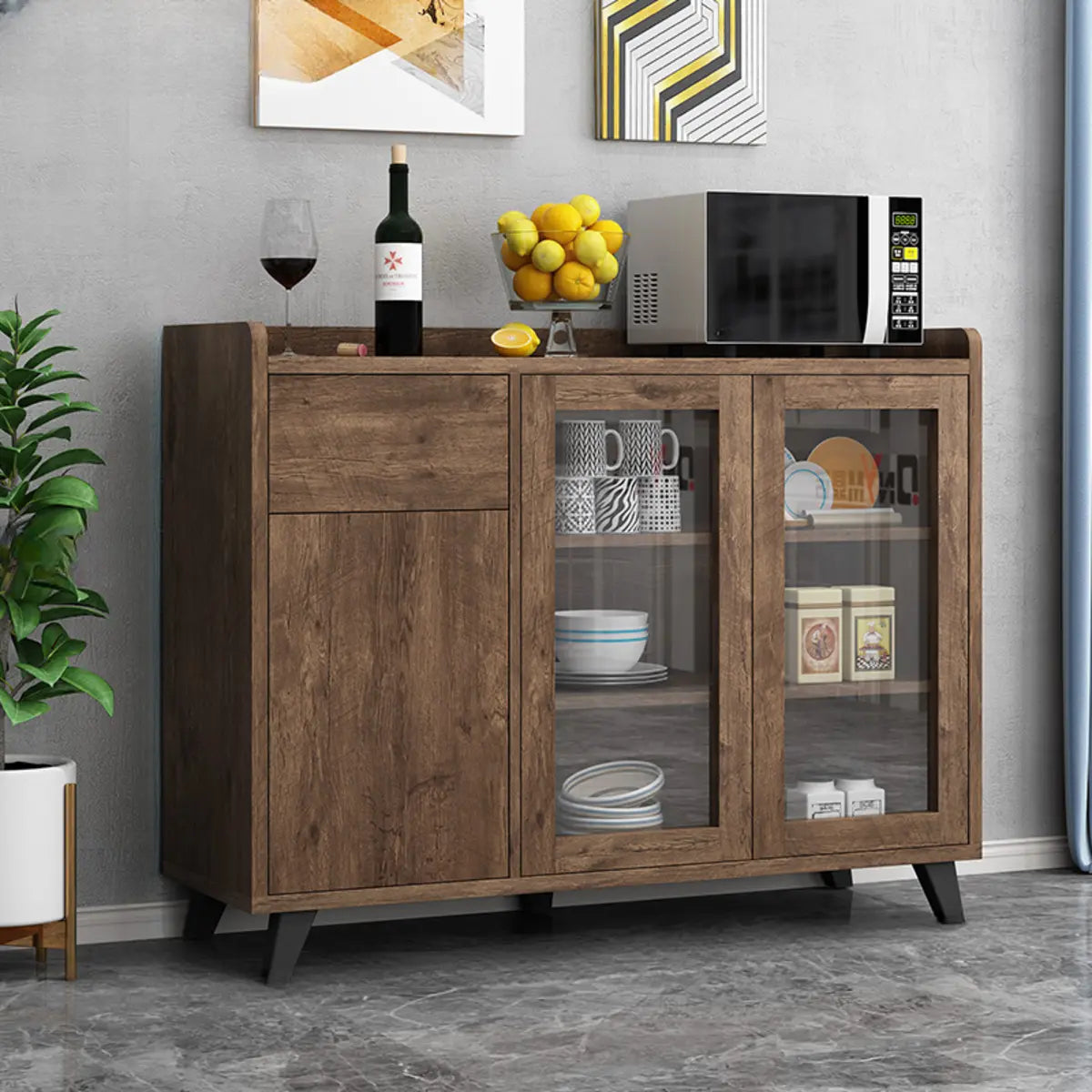 Wood Slab Cabinet Brown Shelves Large Open Storage Buffet Image - 17