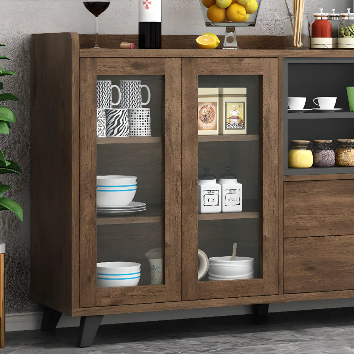 Wood Slab Cabinet Brown Shelves Large Open Storage Buffet Image - 19