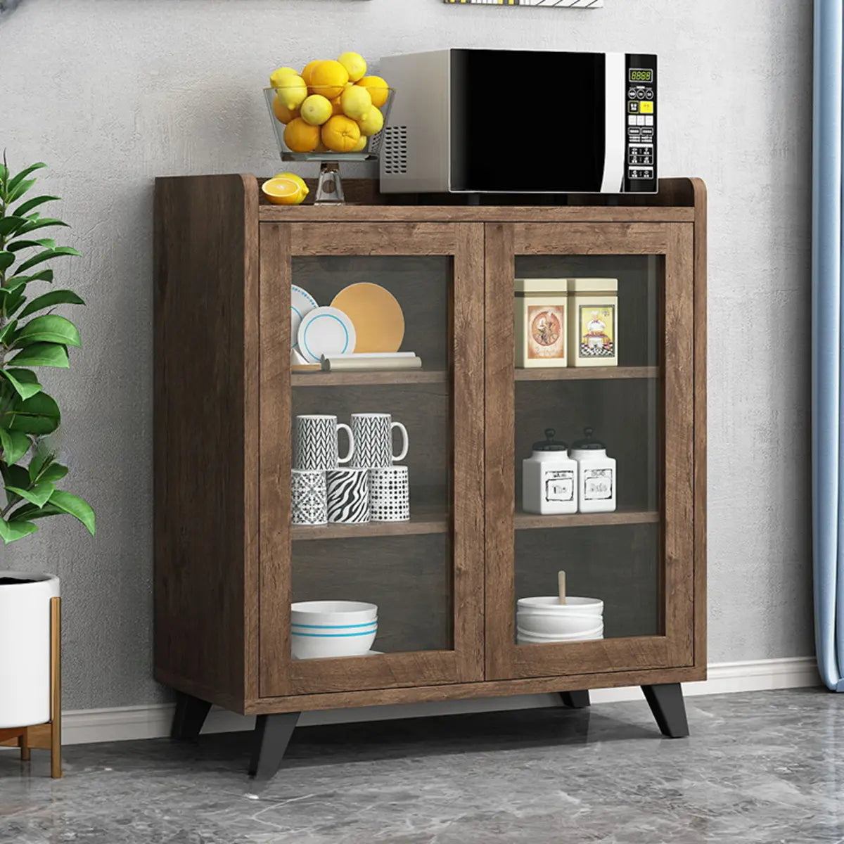 Wood Slab Cabinet Brown Shelves Large Open Storage Buffet Image - 2