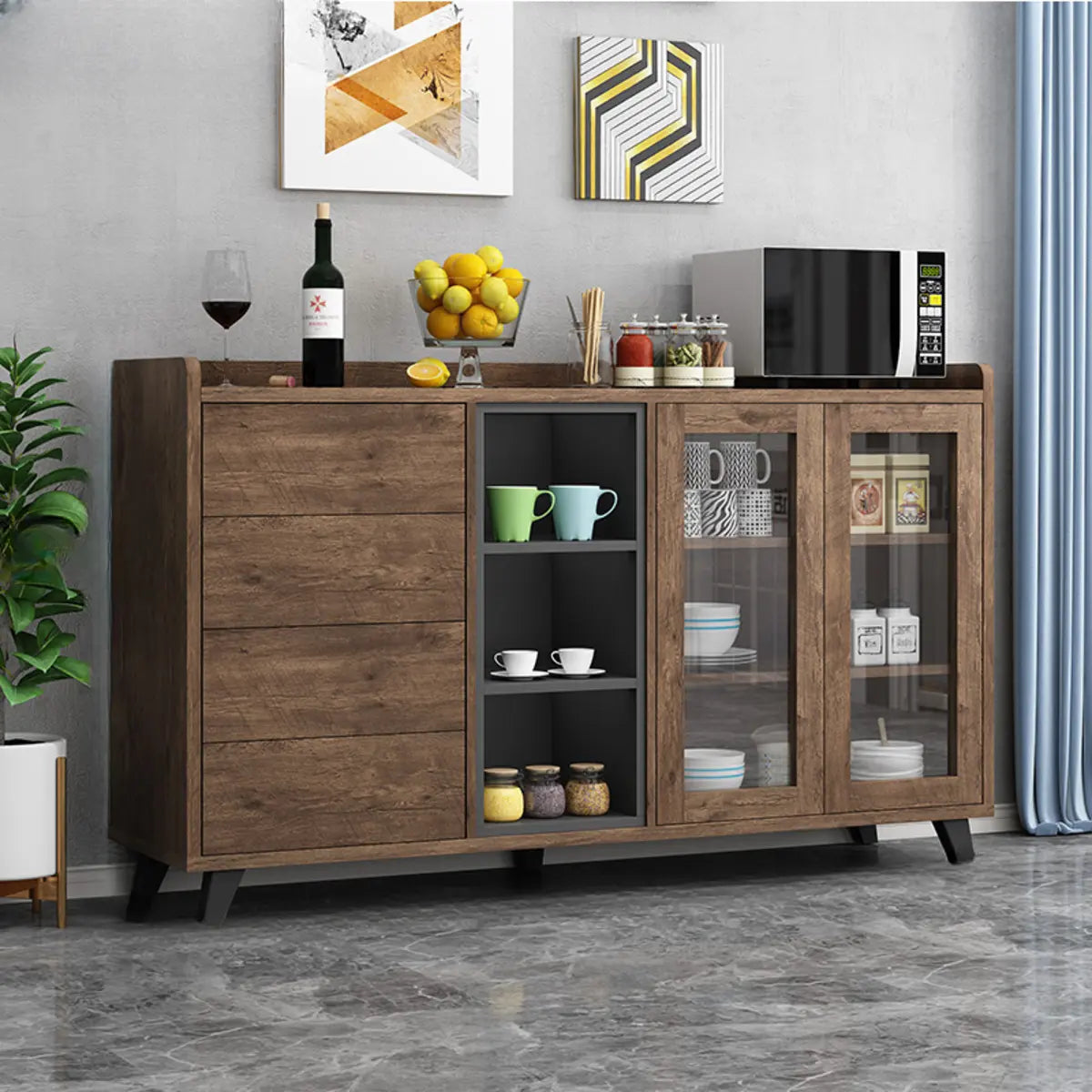Wood Slab Cabinet Brown Shelves Large Open Storage Buffet Image - 20