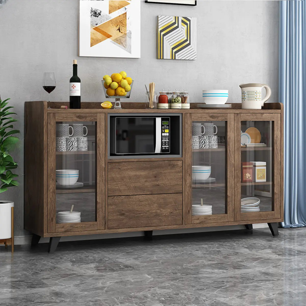 Wood Slab Cabinet Brown Shelves Large Open Storage Buffet Image - 21