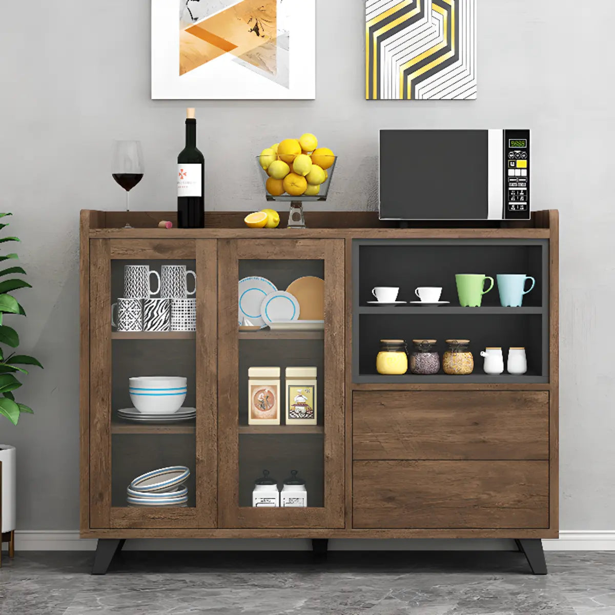 Wood Slab Cabinet Brown Shelves Large Open Storage Buffet Image - 3