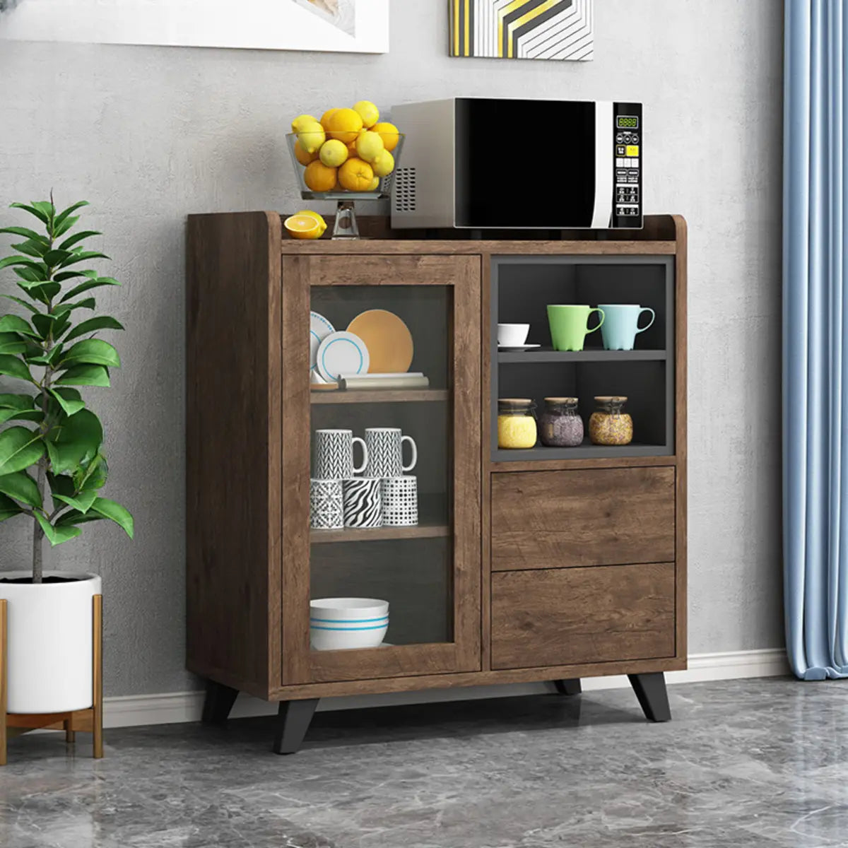 Wood Slab Cabinet Brown Shelves Large Open Storage Buffet Image - 4