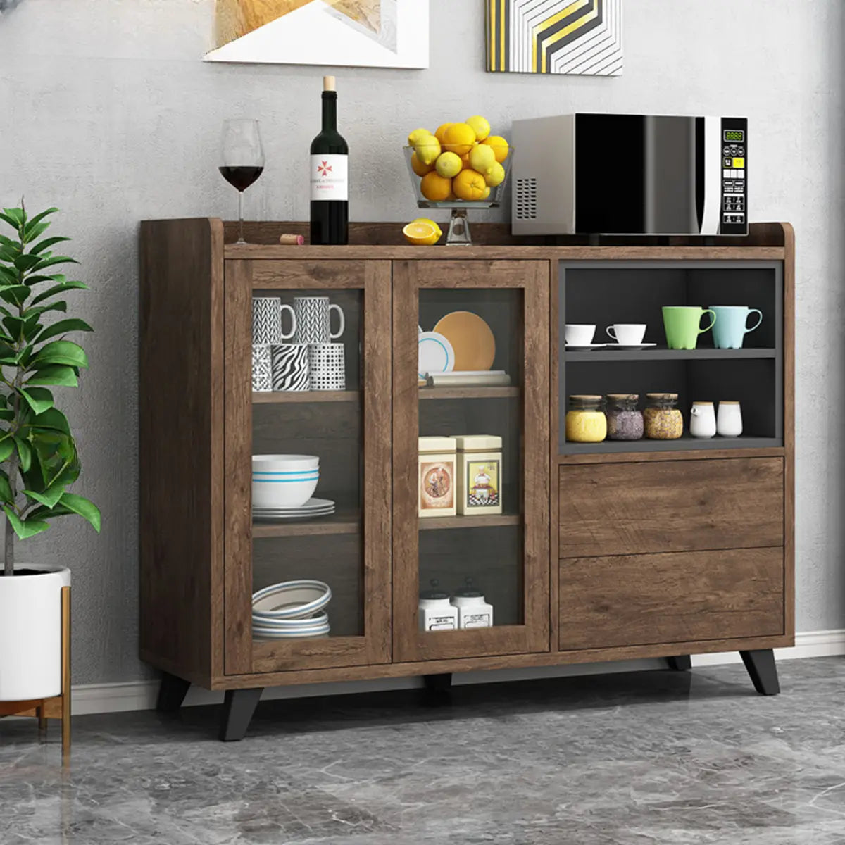 Wood Slab Cabinet Brown Shelves Large Open Storage Buffet Image - 5