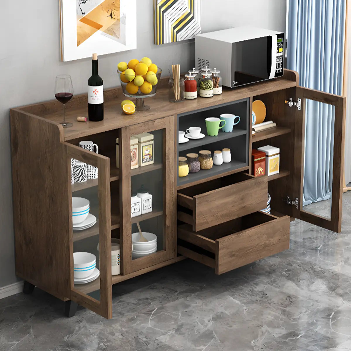 Wood Slab Cabinet Brown Shelves Large Open Storage Buffet Image - 6