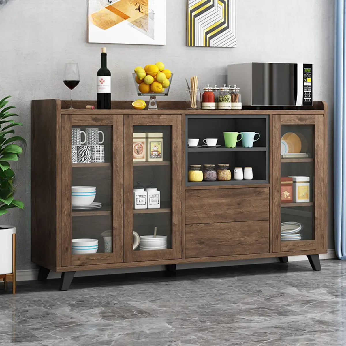 Wood Slab Cabinet Brown Shelves Large Open Storage Buffet Image - 7