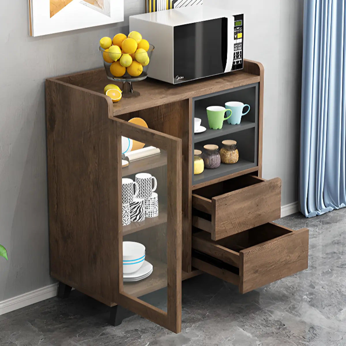 Wood Slab Cabinet Brown Shelves Large Open Storage Buffet Image - 8