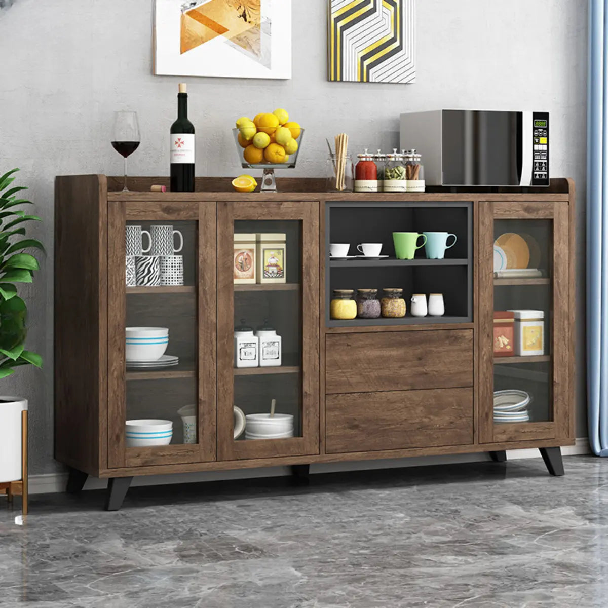 Wood Slab Cabinet Brown Shelves Large Open Storage Buffet Image - 9