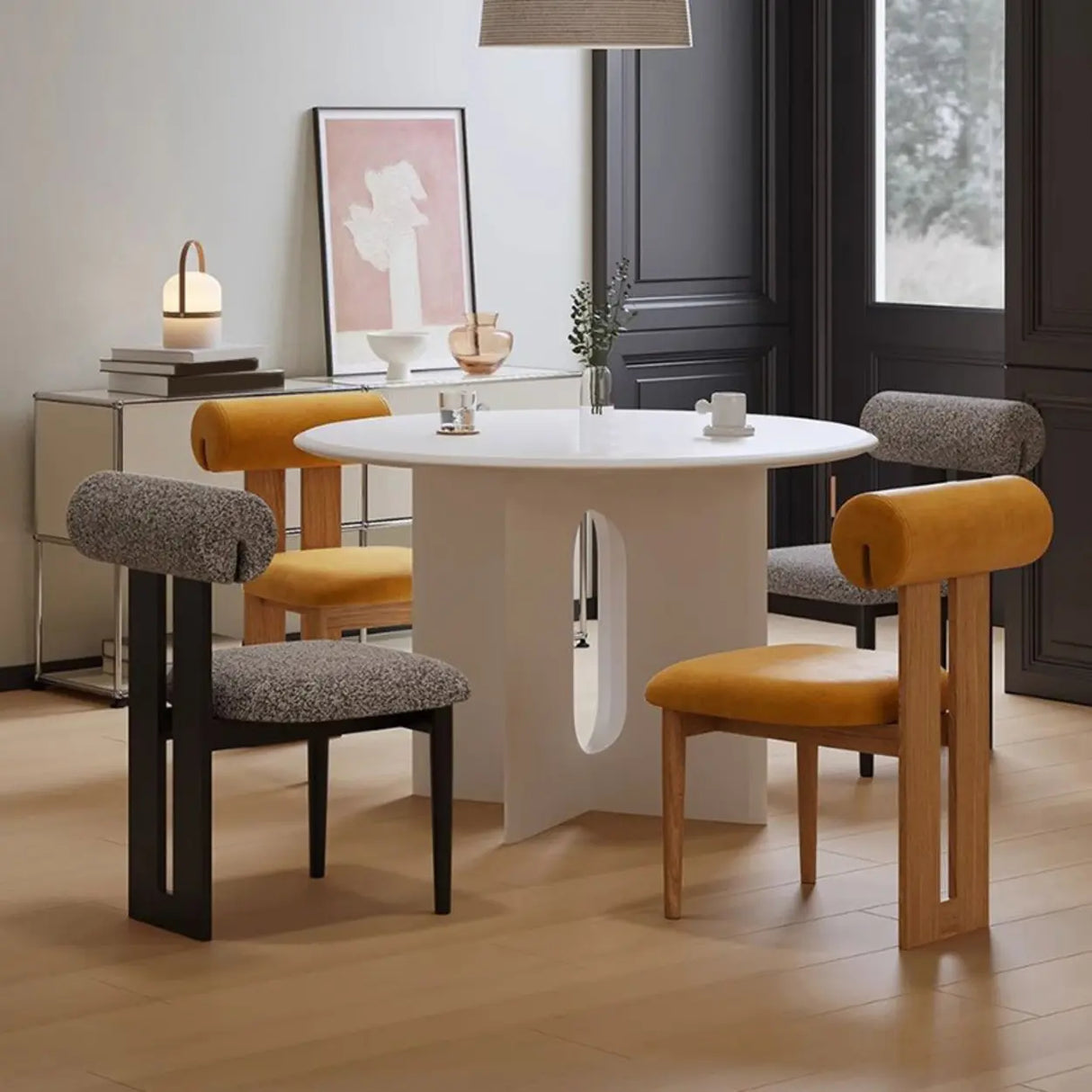 Wood Slat Back Faux Leather Upholstered Dining Chair Image - 4