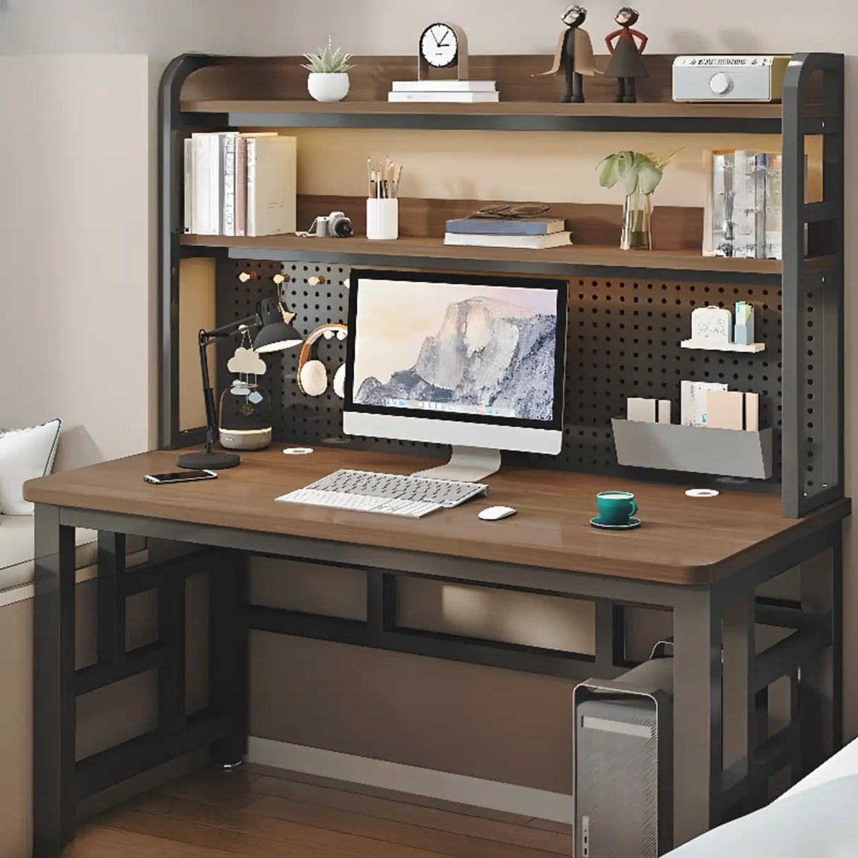Wood Steel Kids Computer Desk with Shelves and Hutch Image - 1