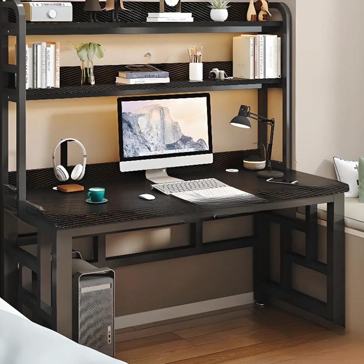 Wood Steel Kids Computer Desk with Shelves and Hutch Image - 10