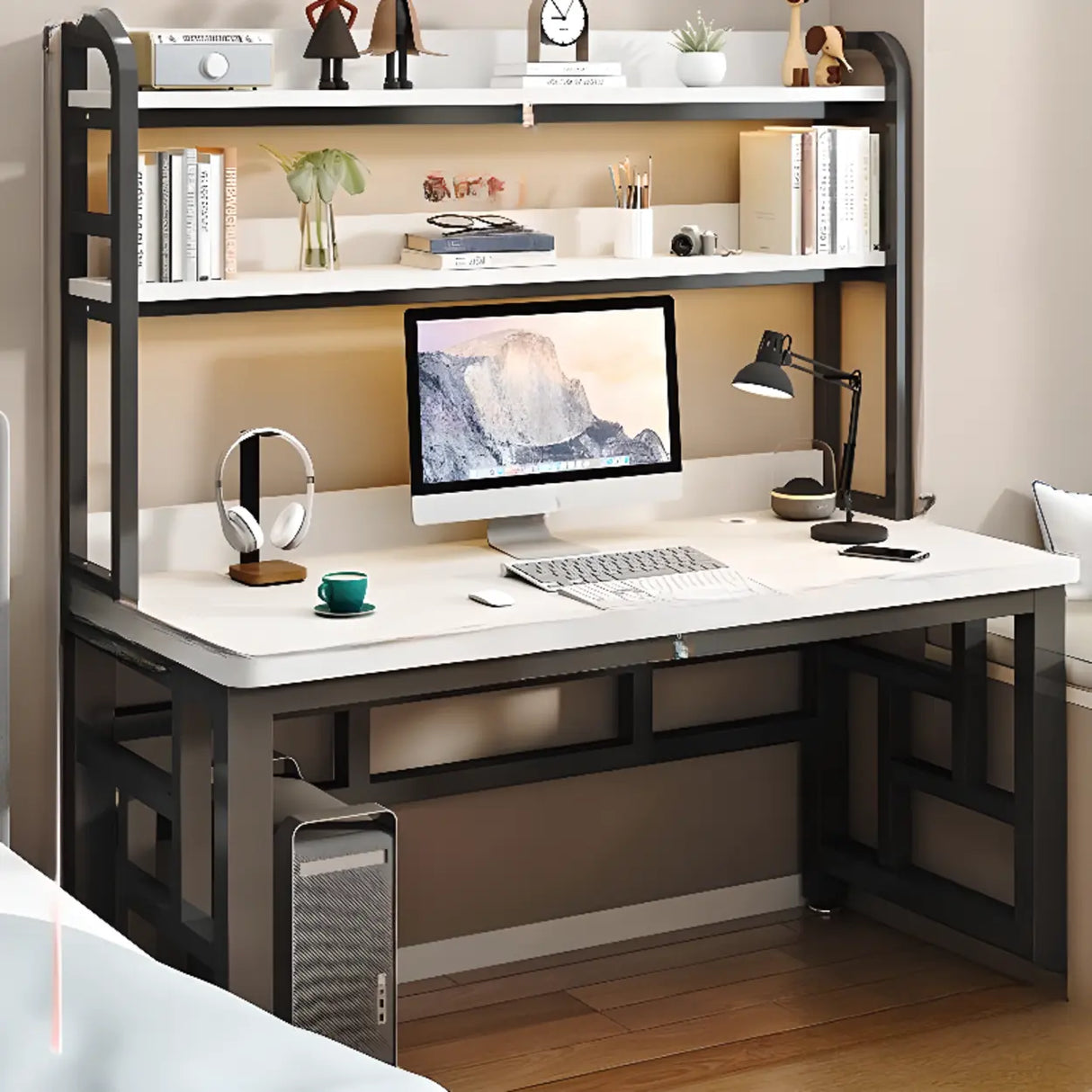 Wood Steel Kids Computer Desk with Shelves and Hutch Image - 11