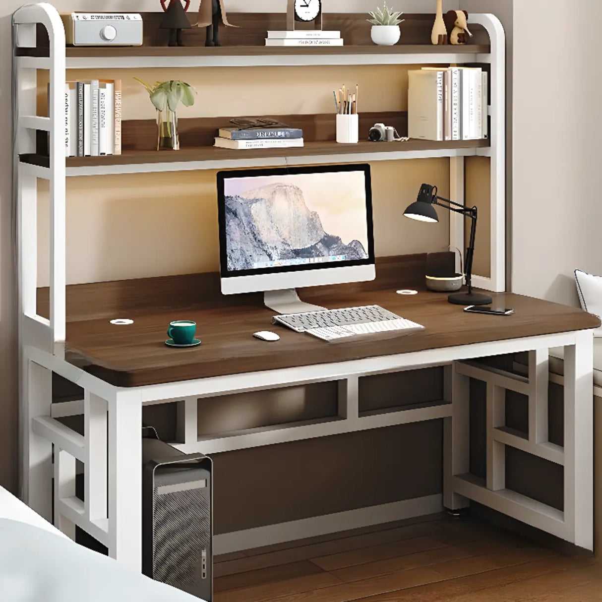 Wood Steel Kids Computer Desk with Shelves and Hutch Image - 14