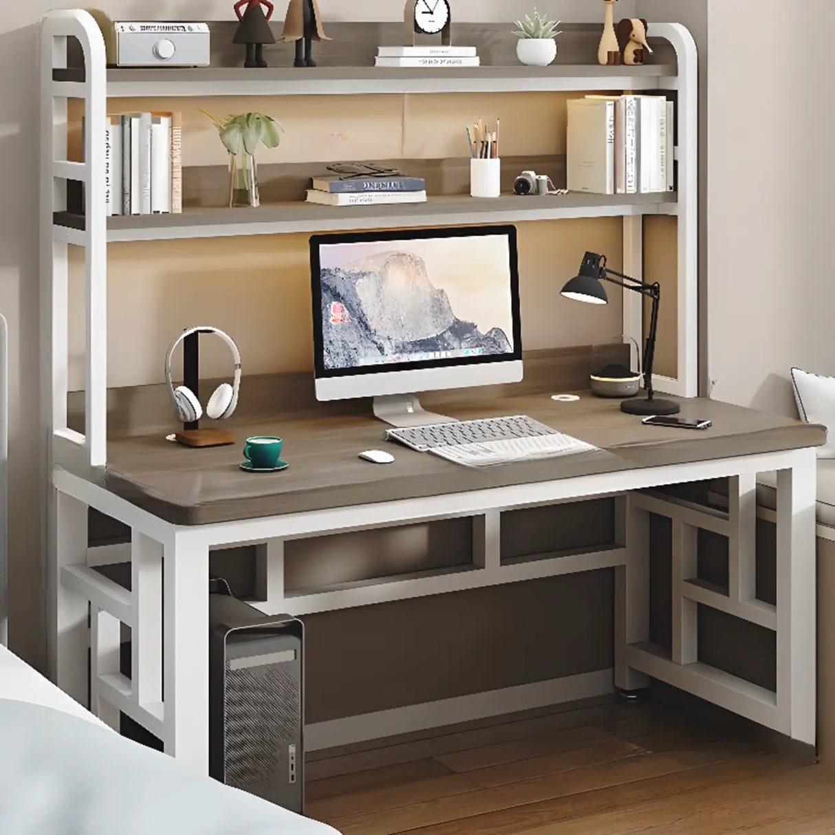 Wood Steel Kids Computer Desk with Shelves and Hutch Image - 15