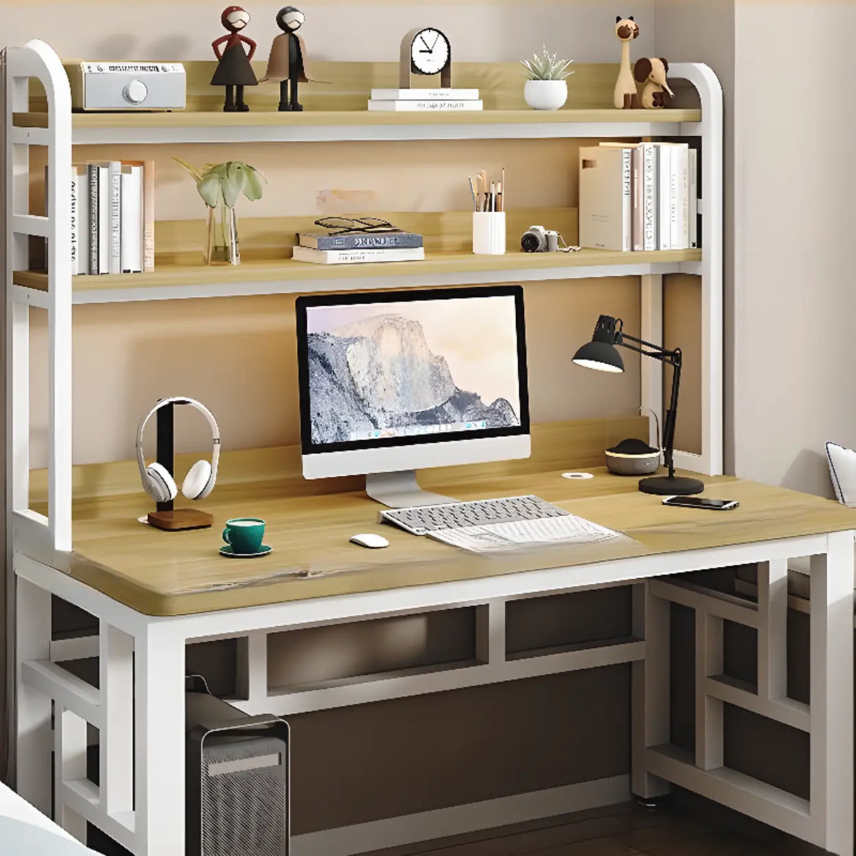 Wood Steel Kids Computer Desk with Shelves and Hutch Image - 19