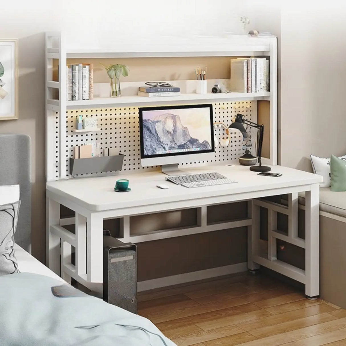 Wood Steel Kids Computer Desk with Shelves and Hutch Image - 3