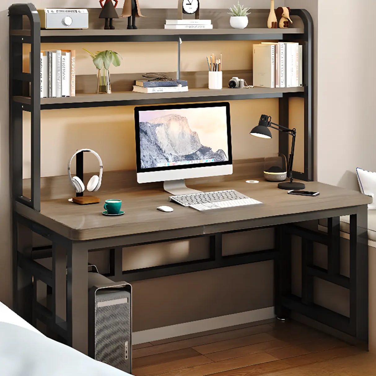 Wood Steel Kids Computer Desk with Shelves and Hutch Image - 4