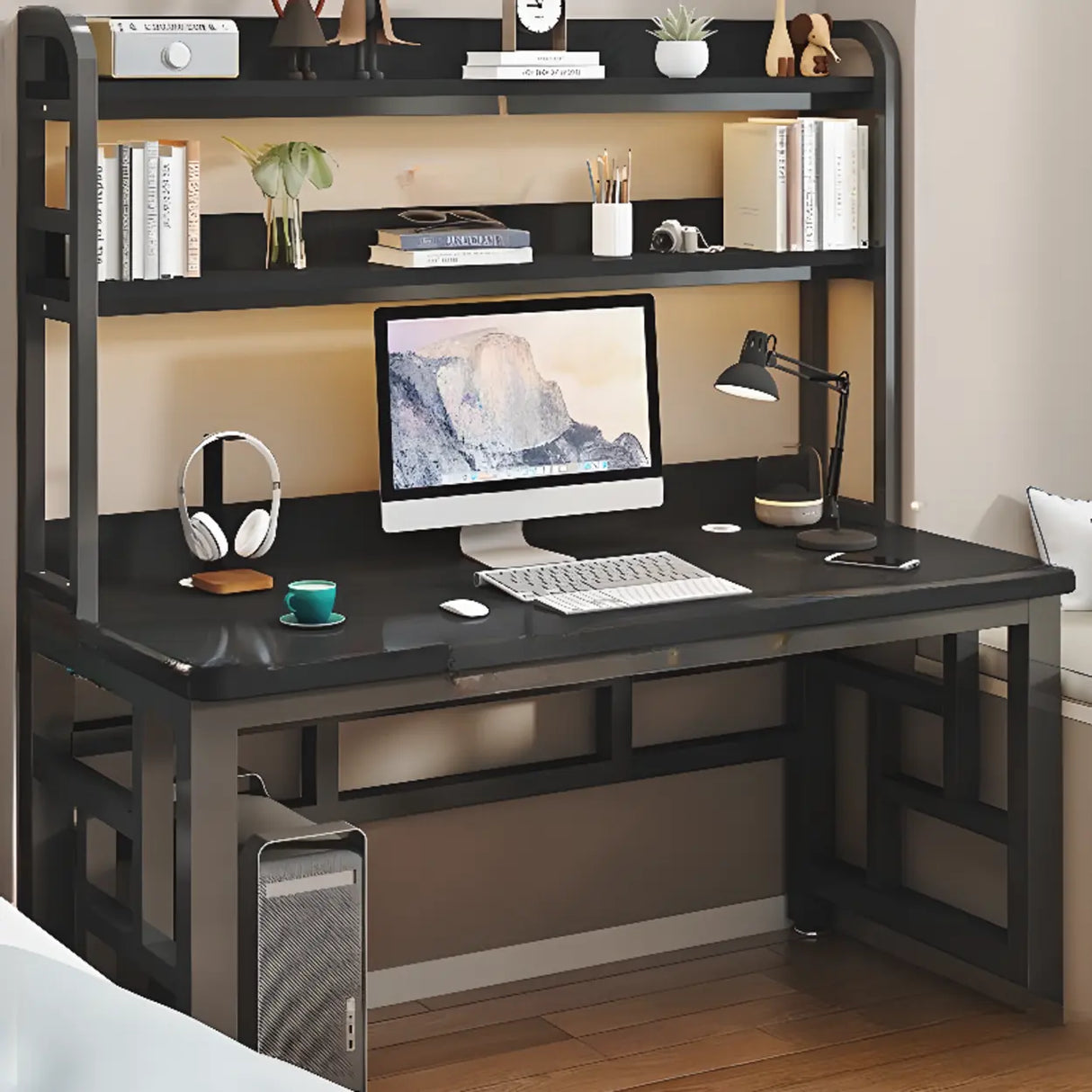 Wood Steel Kids Computer Desk with Shelves and Hutch Image - 5
