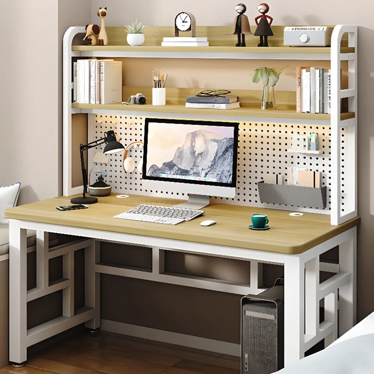 Wood Steel Kids Computer Desk with Shelves and Hutch Image - 6