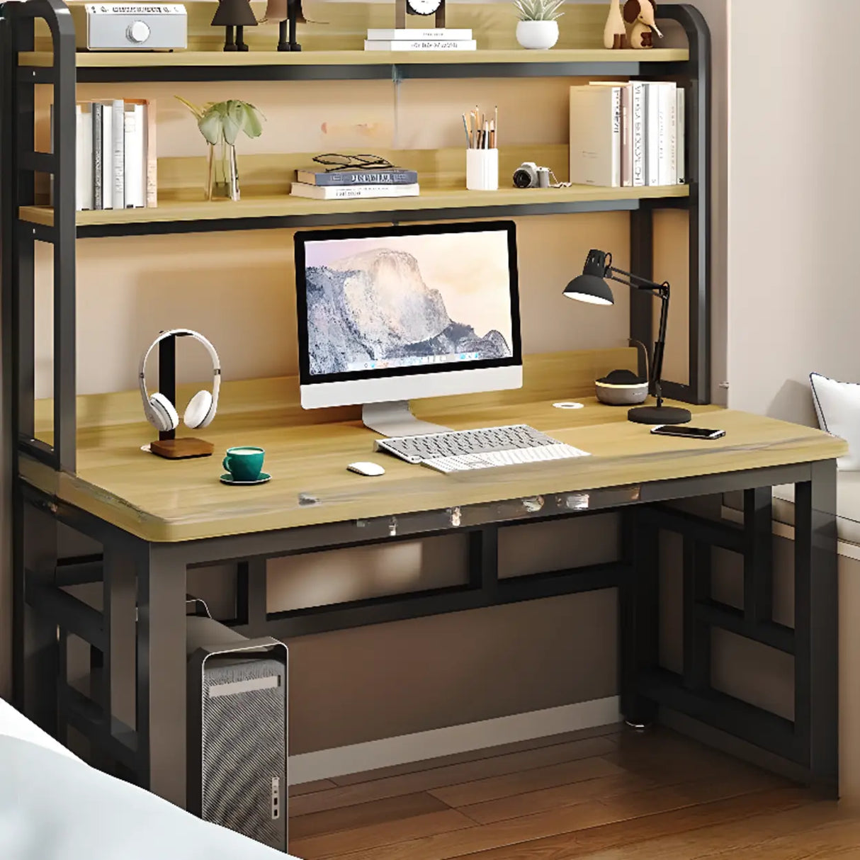 Wood Steel Kids Computer Desk with Shelves and Hutch Image - 8