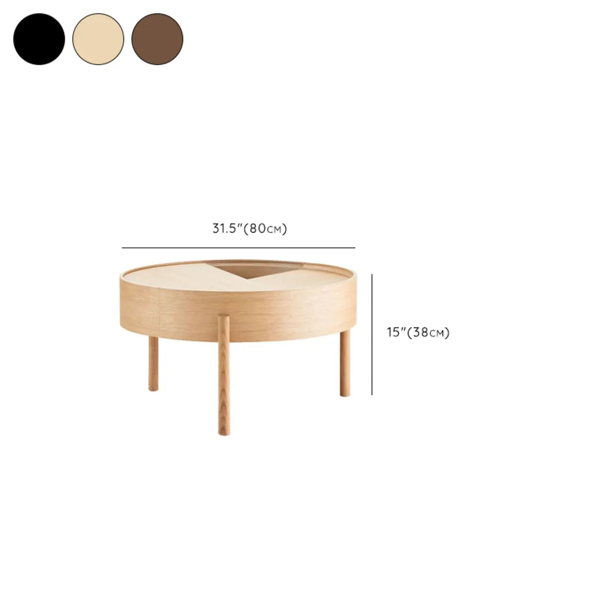 Wood Tray Top Round Storage Three Leg Coffee Table Image - 13