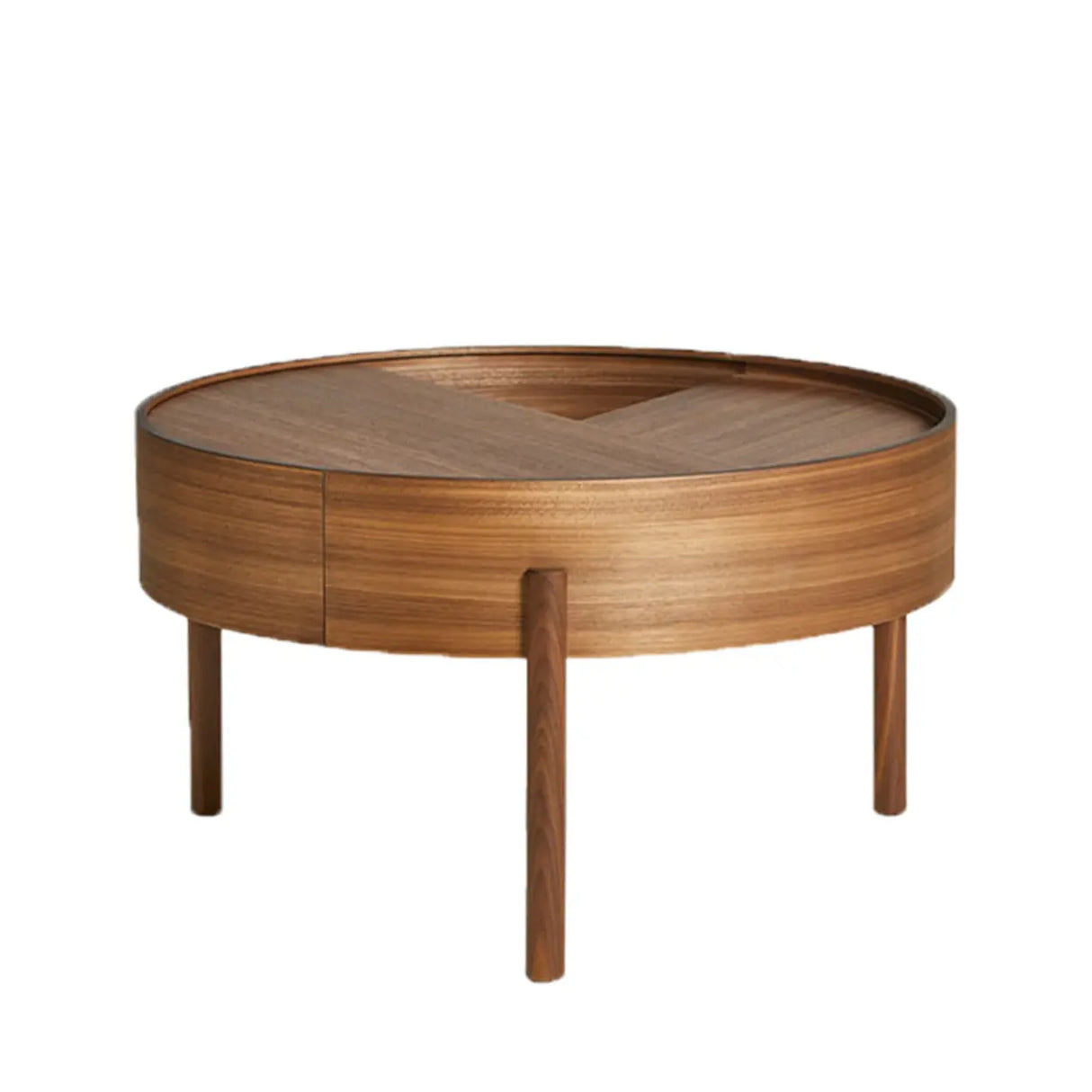 Wood Tray Top Round Storage Three Leg Coffee Table Image - 3
