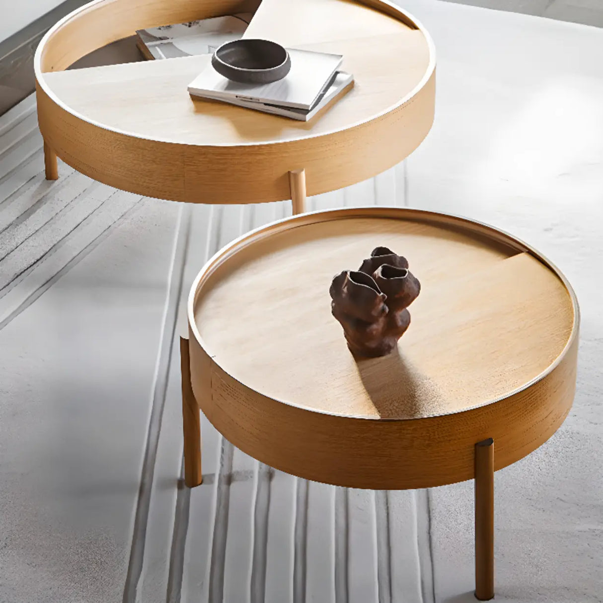 Wood Tray Top Round Storage Three Leg Coffee Table Image - 4