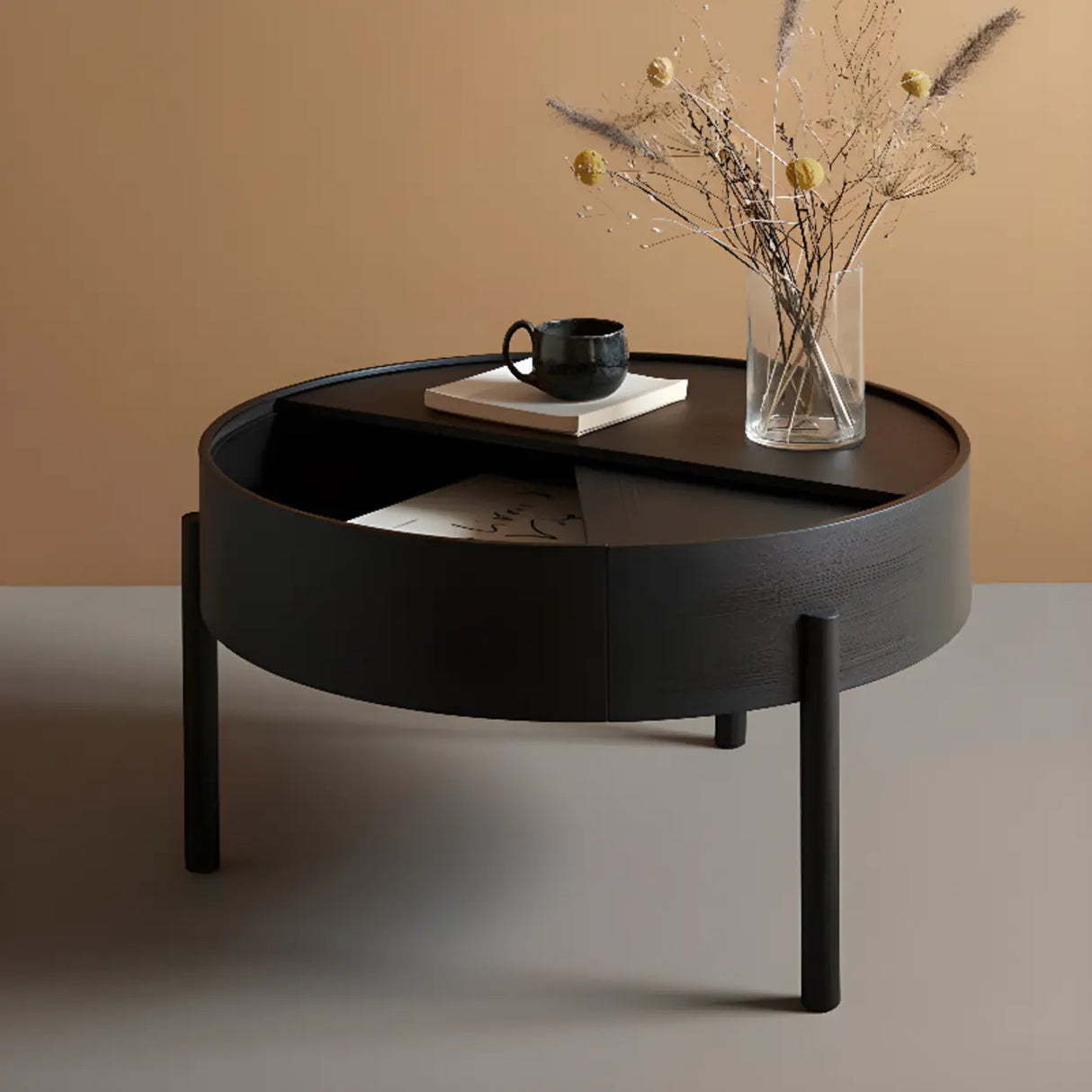 Wood Tray Top Round Storage Three Leg Coffee Table Image - 8