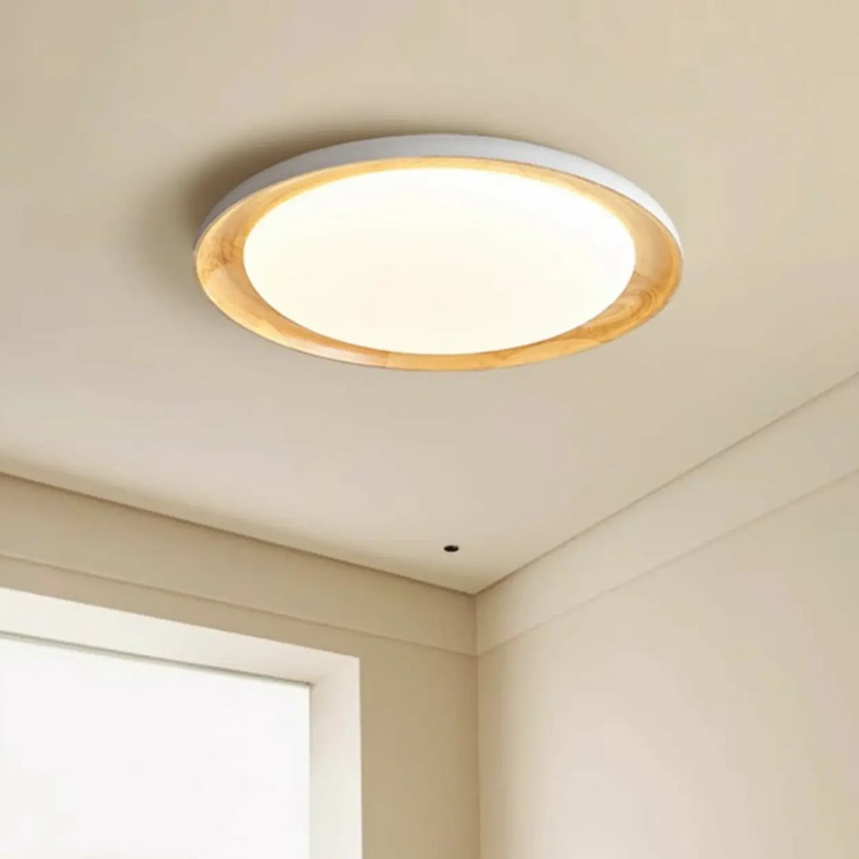 Wood White Circular LED Flush Mount Ceiling Light Image - 1