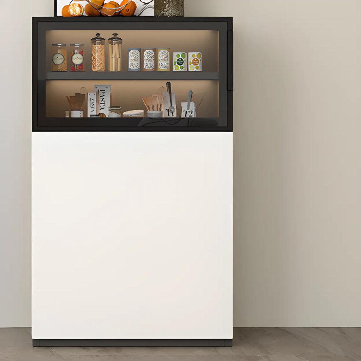 Wood White Narrow Shelves Glass Sideboard with Lighting Image - 2