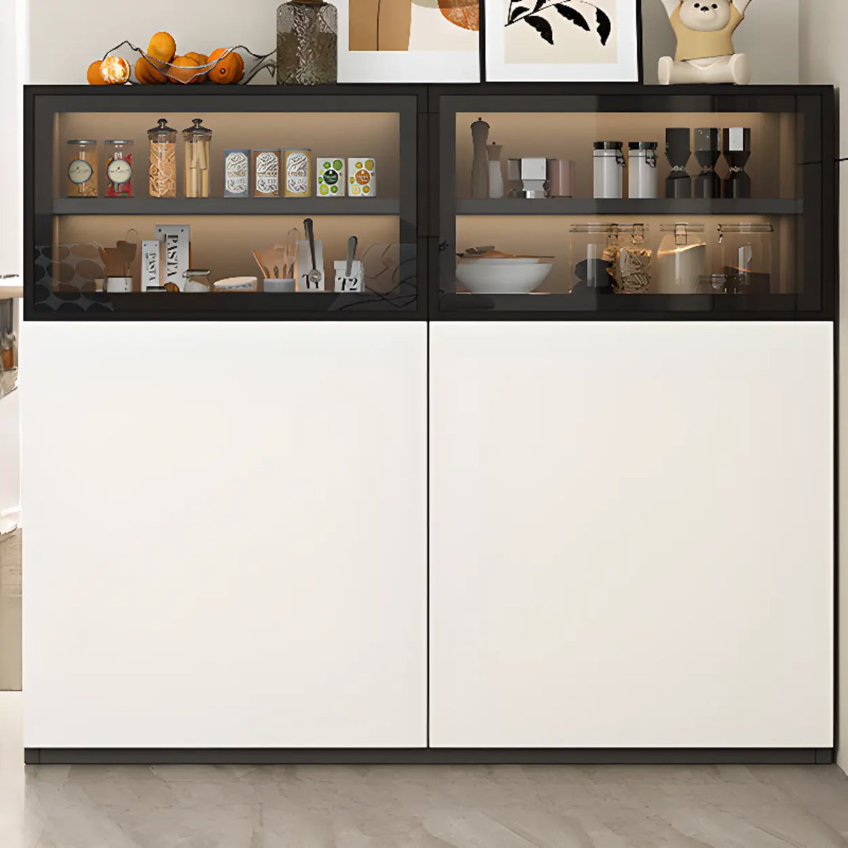 Wood White Narrow Shelves Glass Sideboard with Lighting Image - 3