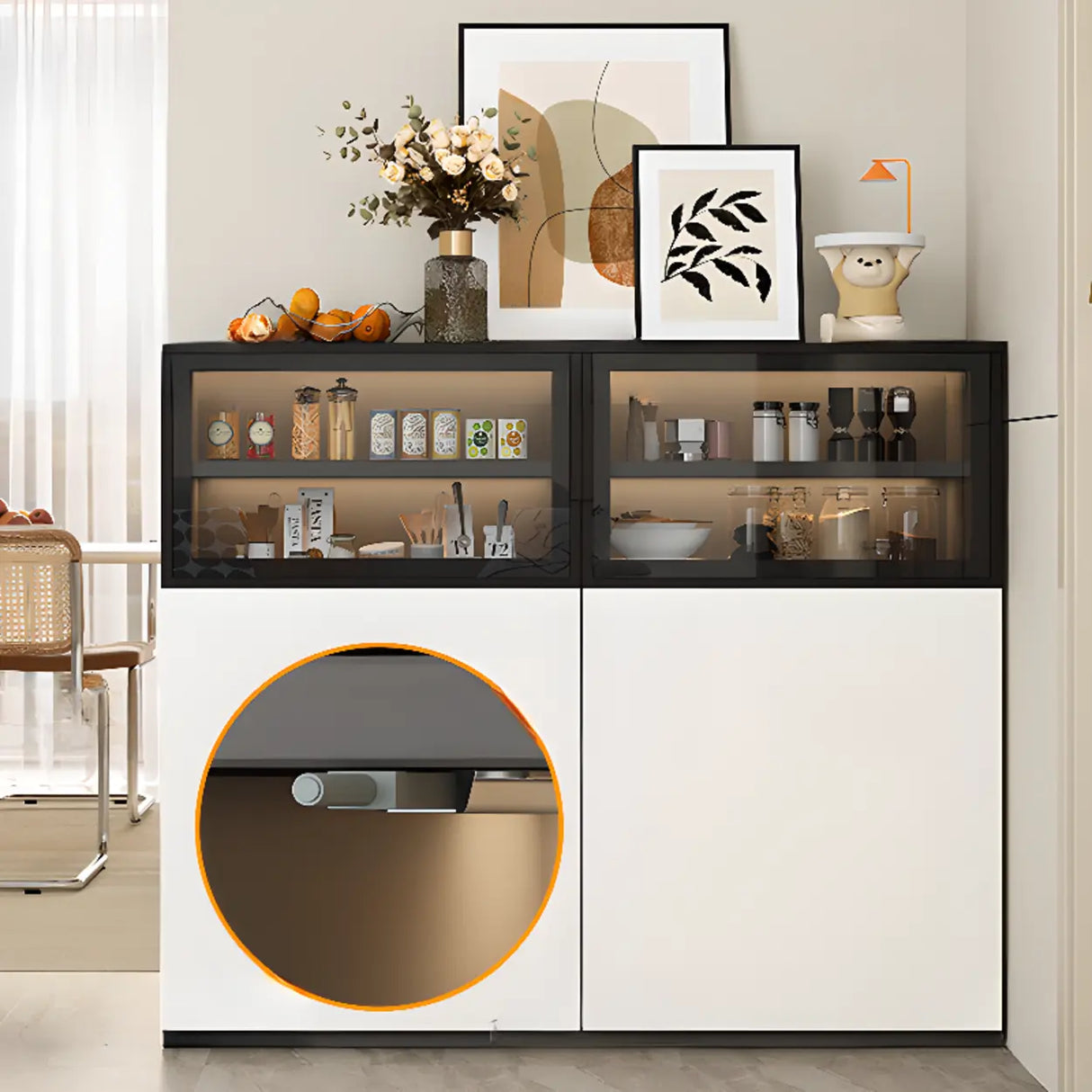 Wood White Narrow Shelves Glass Sideboard with Lighting Image - 4