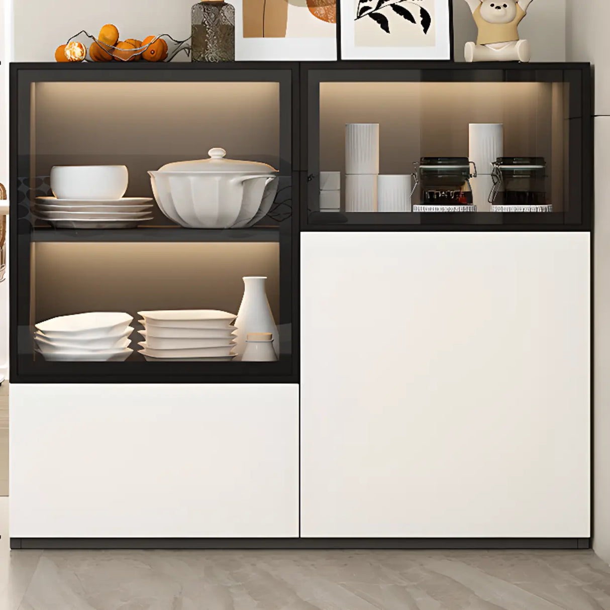 Wood White Narrow Shelves Glass Sideboard with Lighting Image - 5