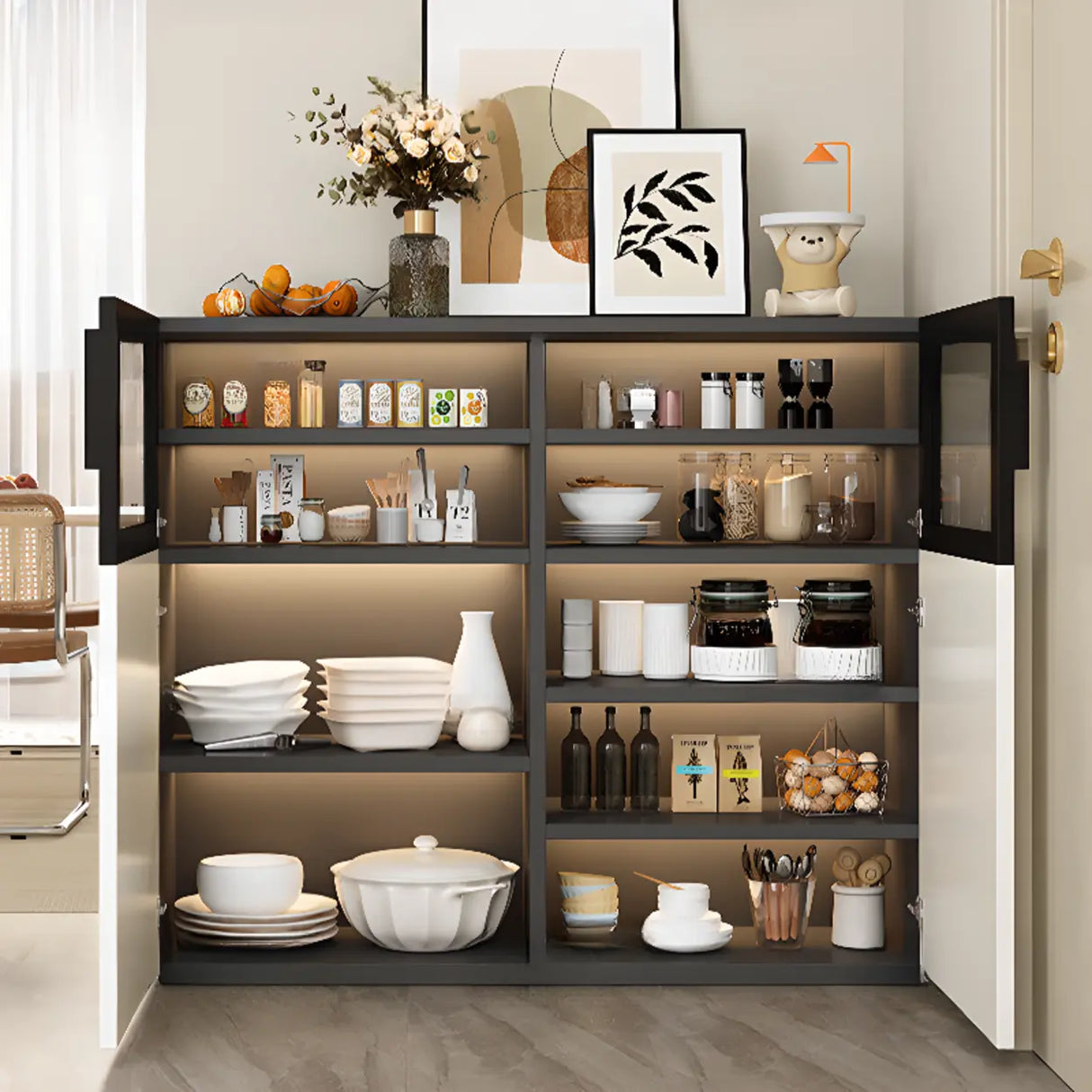 Wood White Narrow Shelves Glass Sideboard with Lighting Image - 6