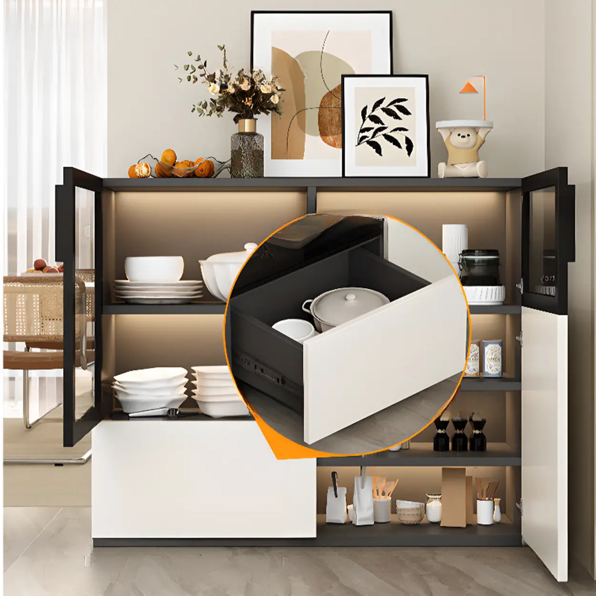 Wood White Narrow Shelves Glass Sideboard with Lighting Image - 7