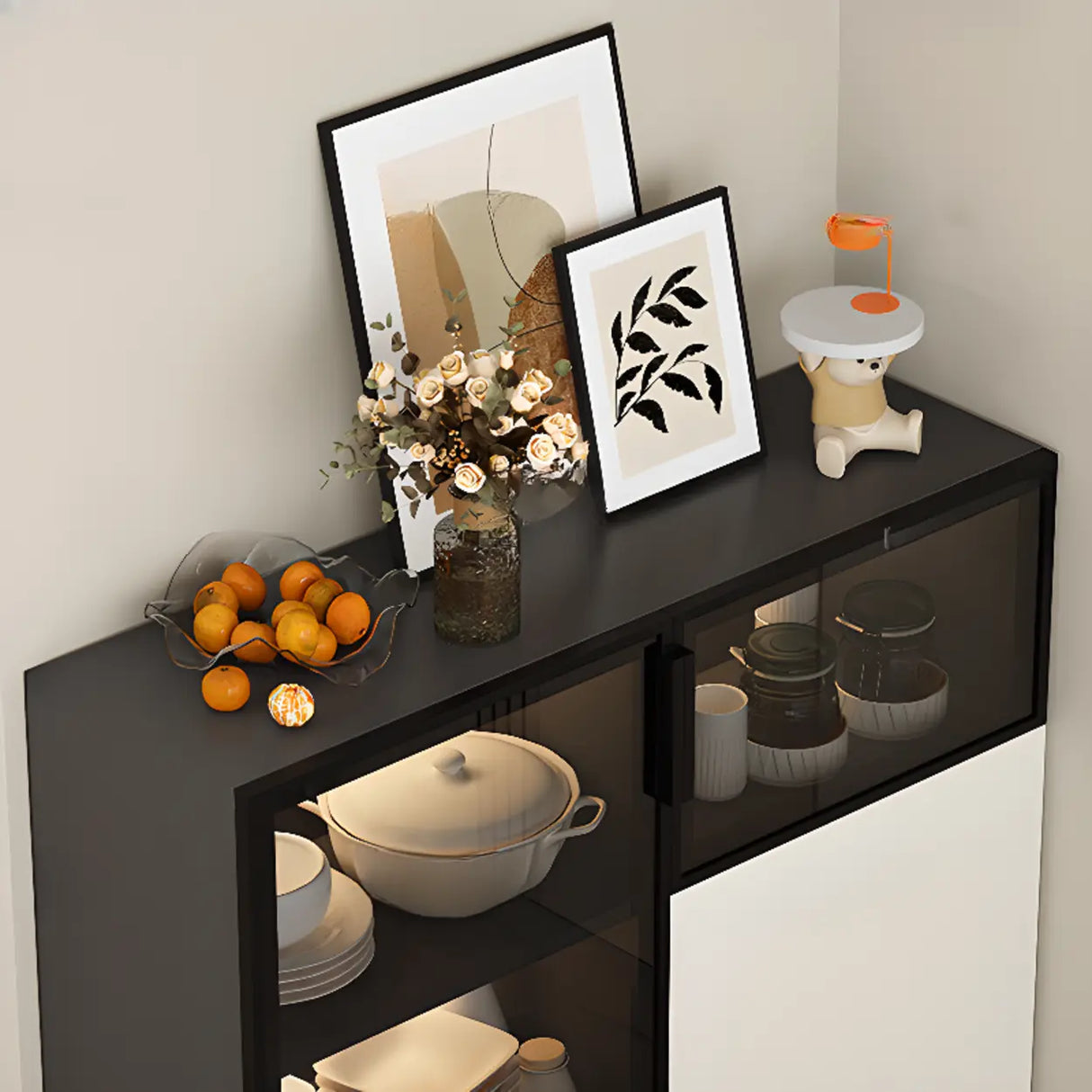 Wood White Narrow Shelves Glass Sideboard with Lighting Image - 8