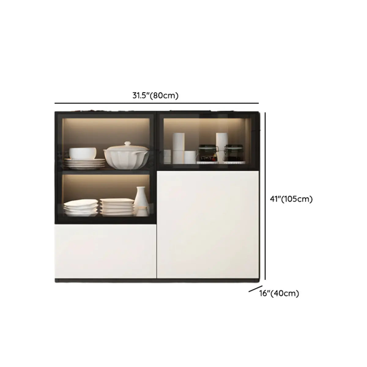 Wood White Narrow Shelves Glass Sideboard with Lighting Image - 16