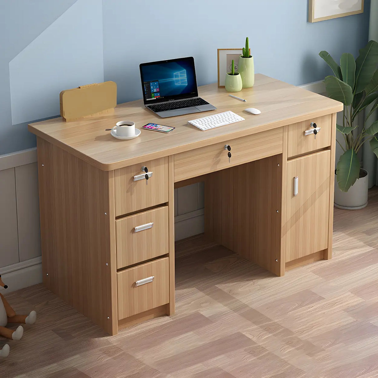 Wood Writing Desk with Locking Drawer and Cabinet Image - 10