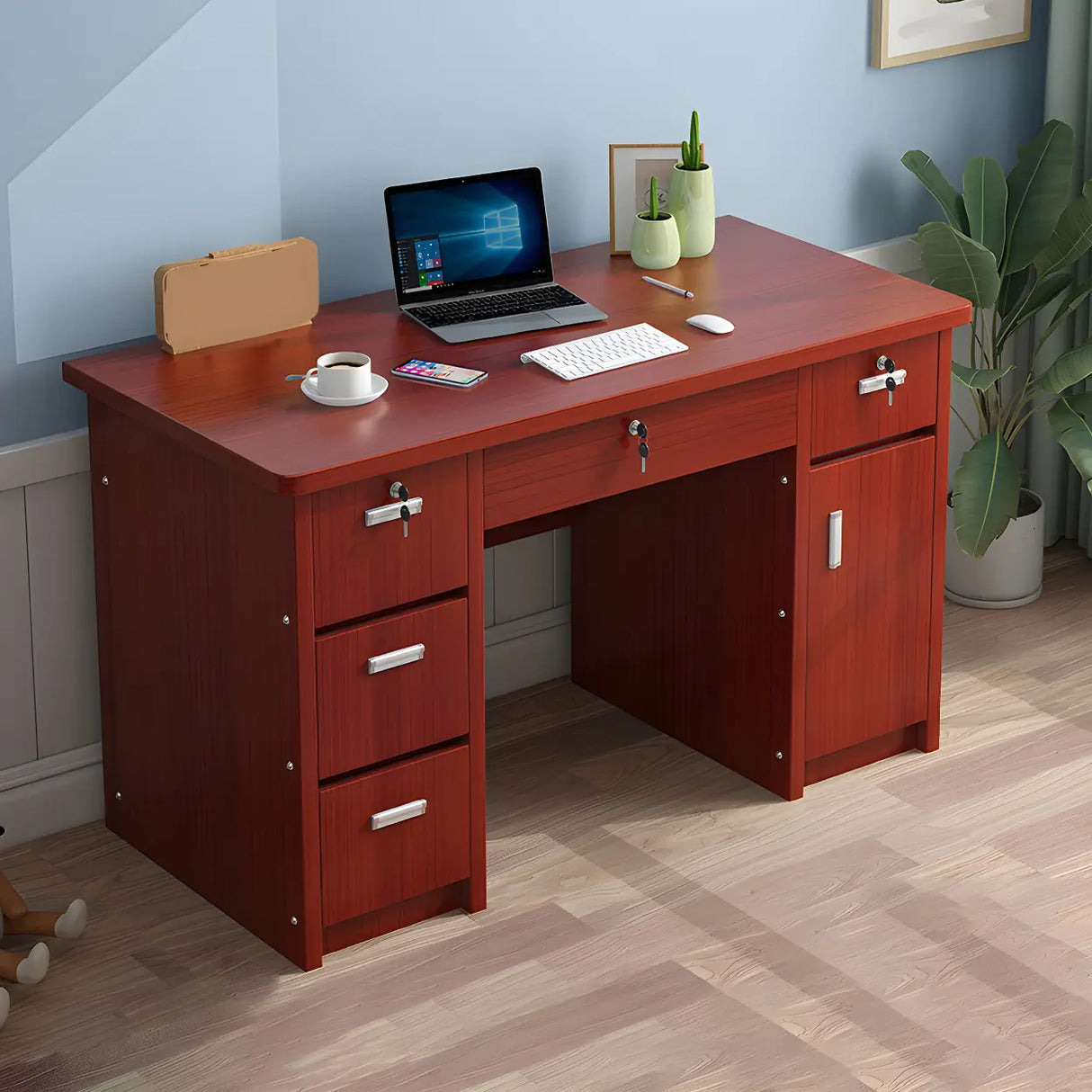 Wood Writing Desk with Locking Drawer and Cabinet Image - 12