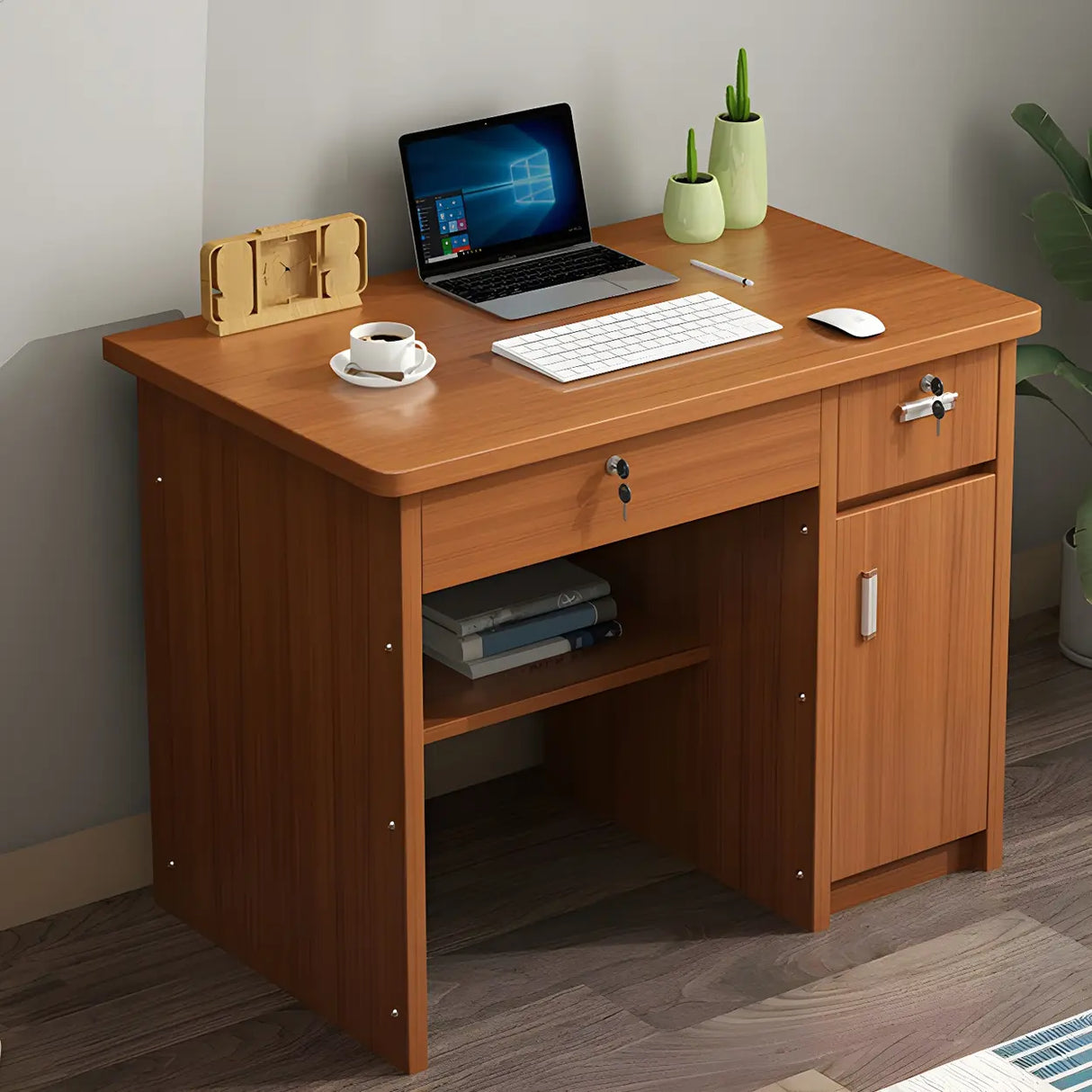 Wood Writing Desk with Locking Drawer and Cabinet Image - 13