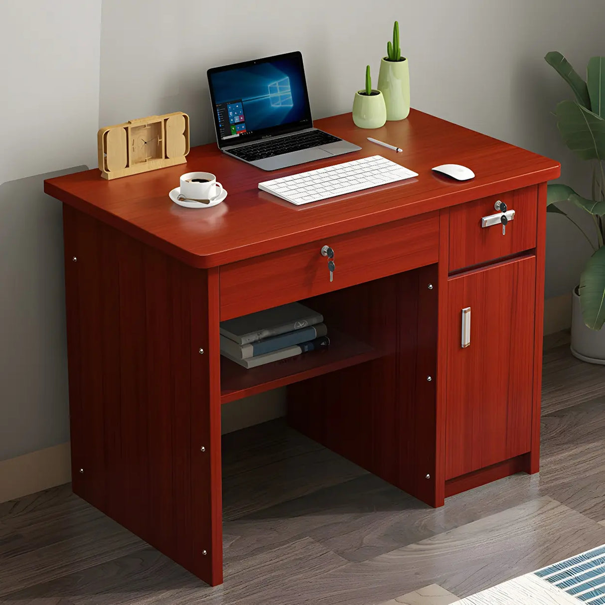 Wood Writing Desk with Locking Drawer and Cabinet Image - 15